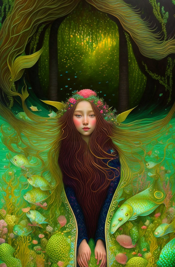 Illustration of woman with flowing hair among fish in vibrant undersea setting