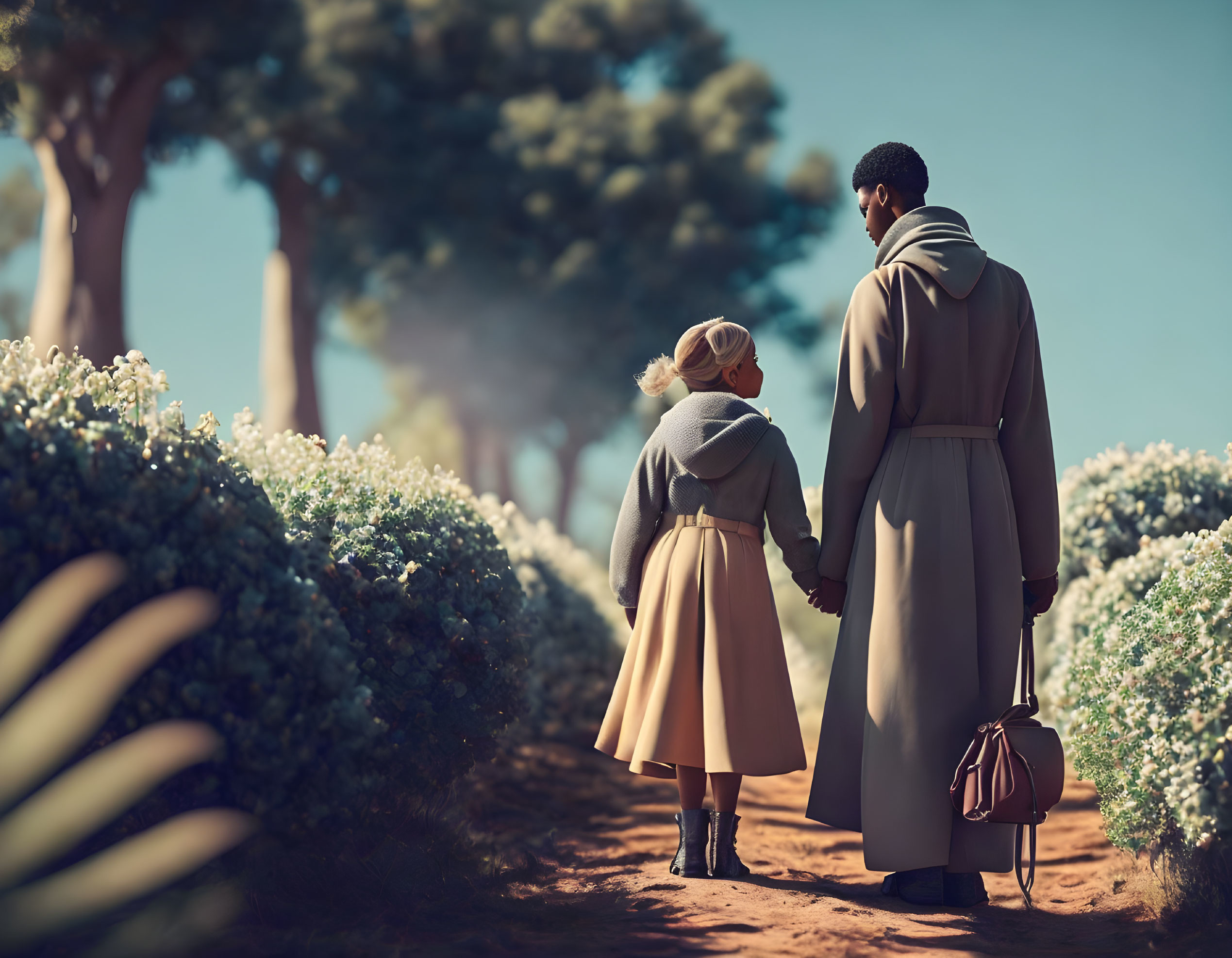 Vintage couple strolling on tree-lined path with satchel, surrounded by flowers under clear sky