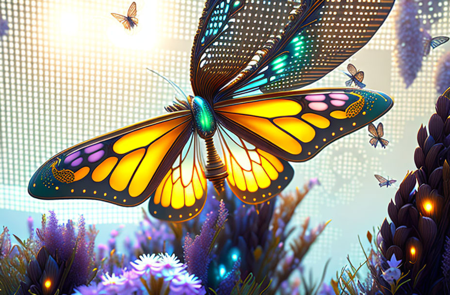 Colorful Butterfly Digital Art with Glowing Patterns in Fantasy Scene