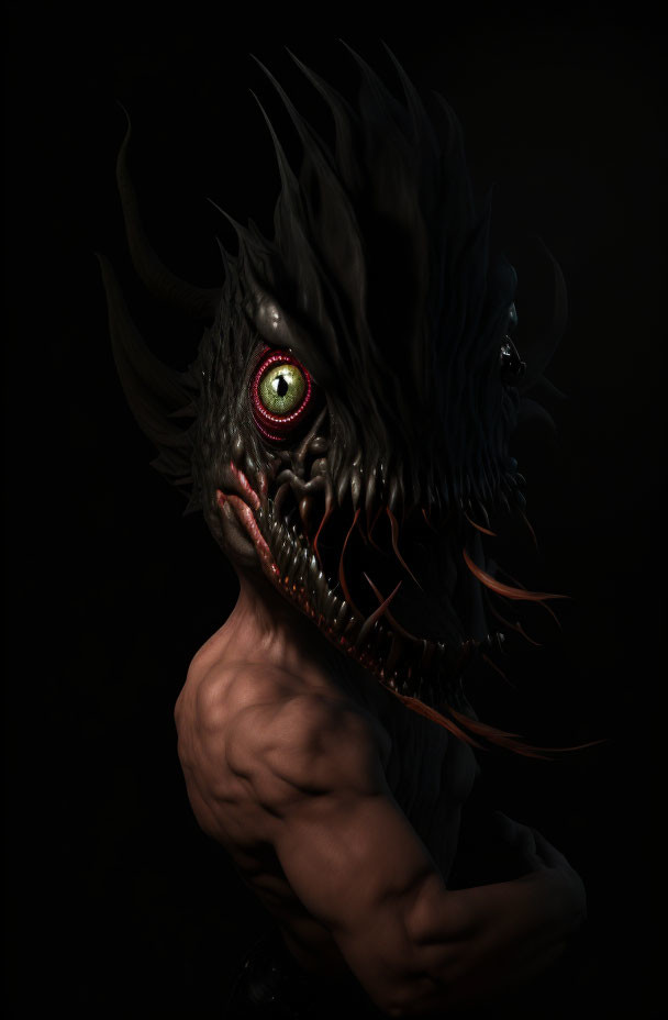 Muscular humanoid creature with dark feathery head and green reptilian eye.