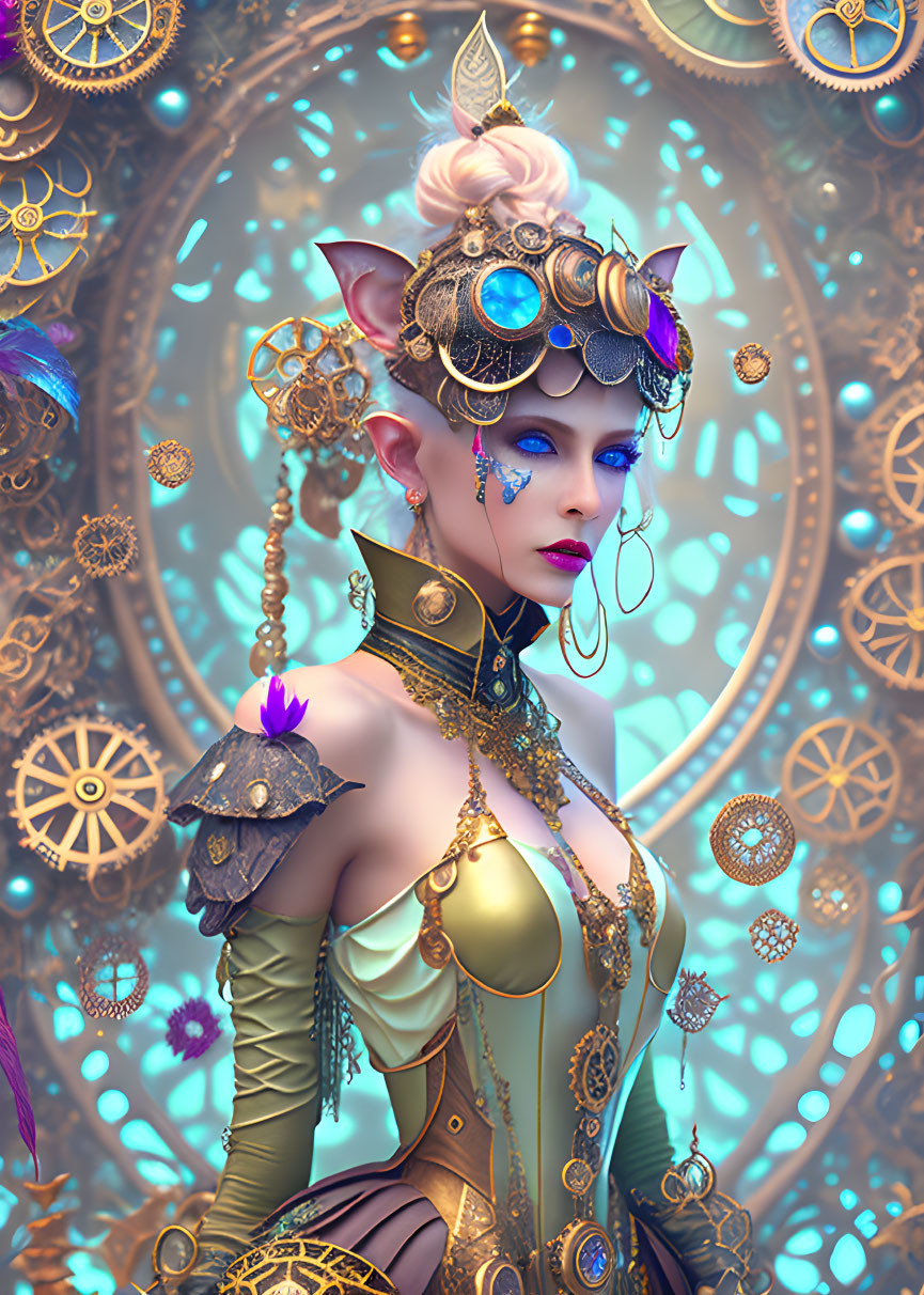 Fantasy elf woman in ornate golden armor with blue gem headdress, surrounded by clocks and gears