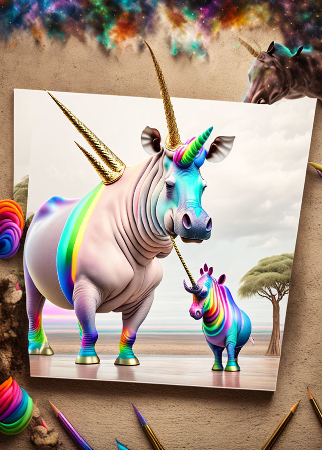 Colorful Rhinoceros with Unicorn Horn in Surreal Setting