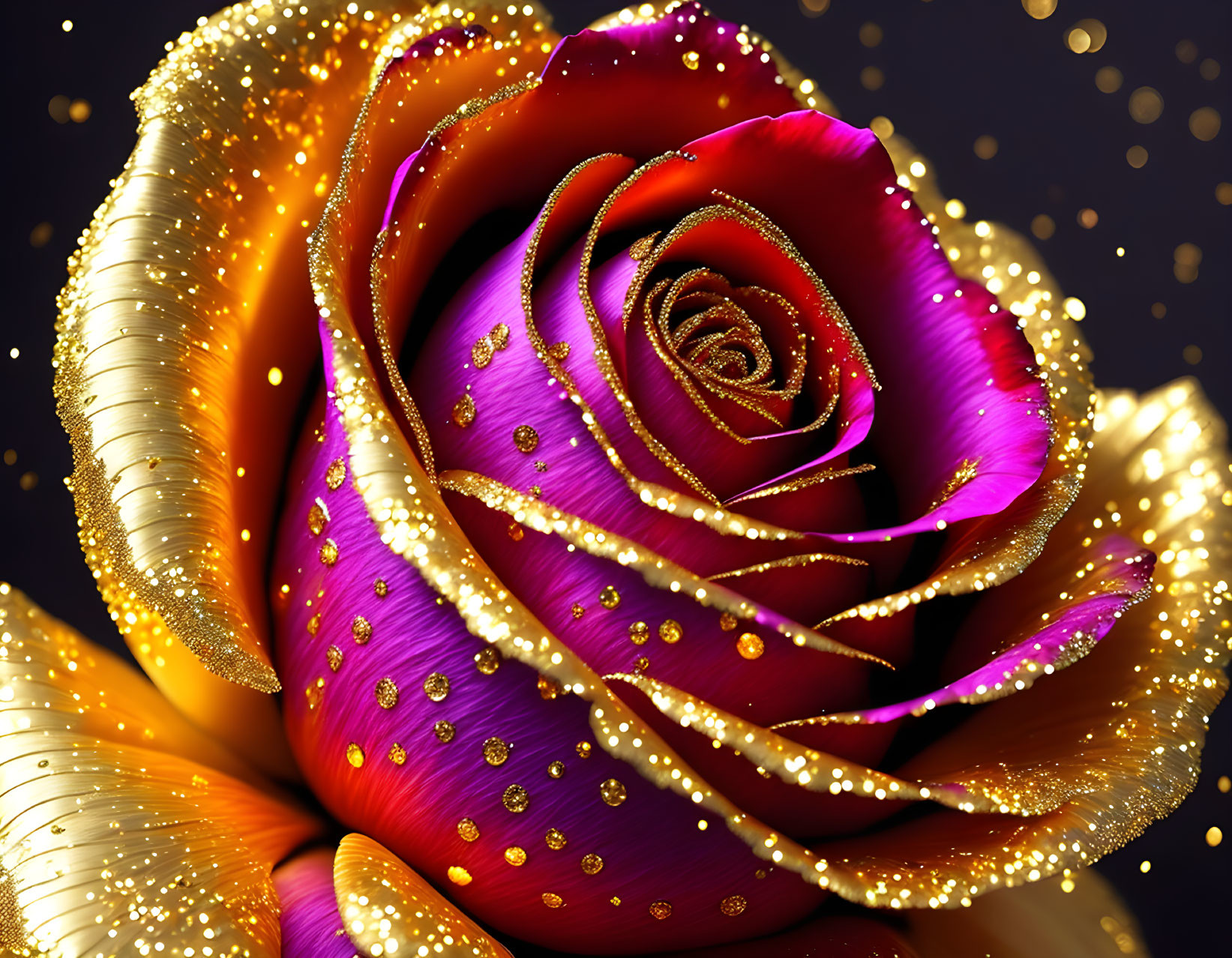 Digitally-enhanced multicolored rose with gold edges and sparkles on dark bokeh background