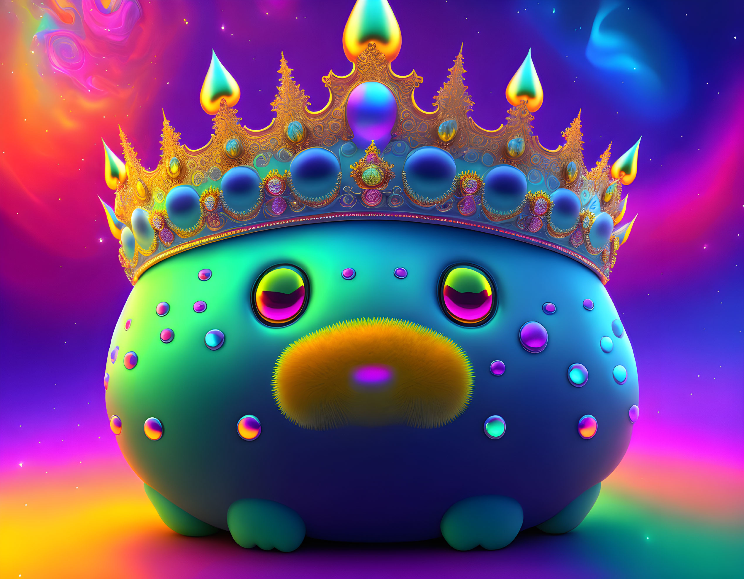 Colorful Cartoonish Creature with Large Eyes and Orange Mustache Wearing Bejeweled Crown