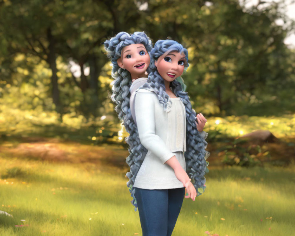 Two Smiling Female Characters with Long Curly Gray Hair in Sunny Forest