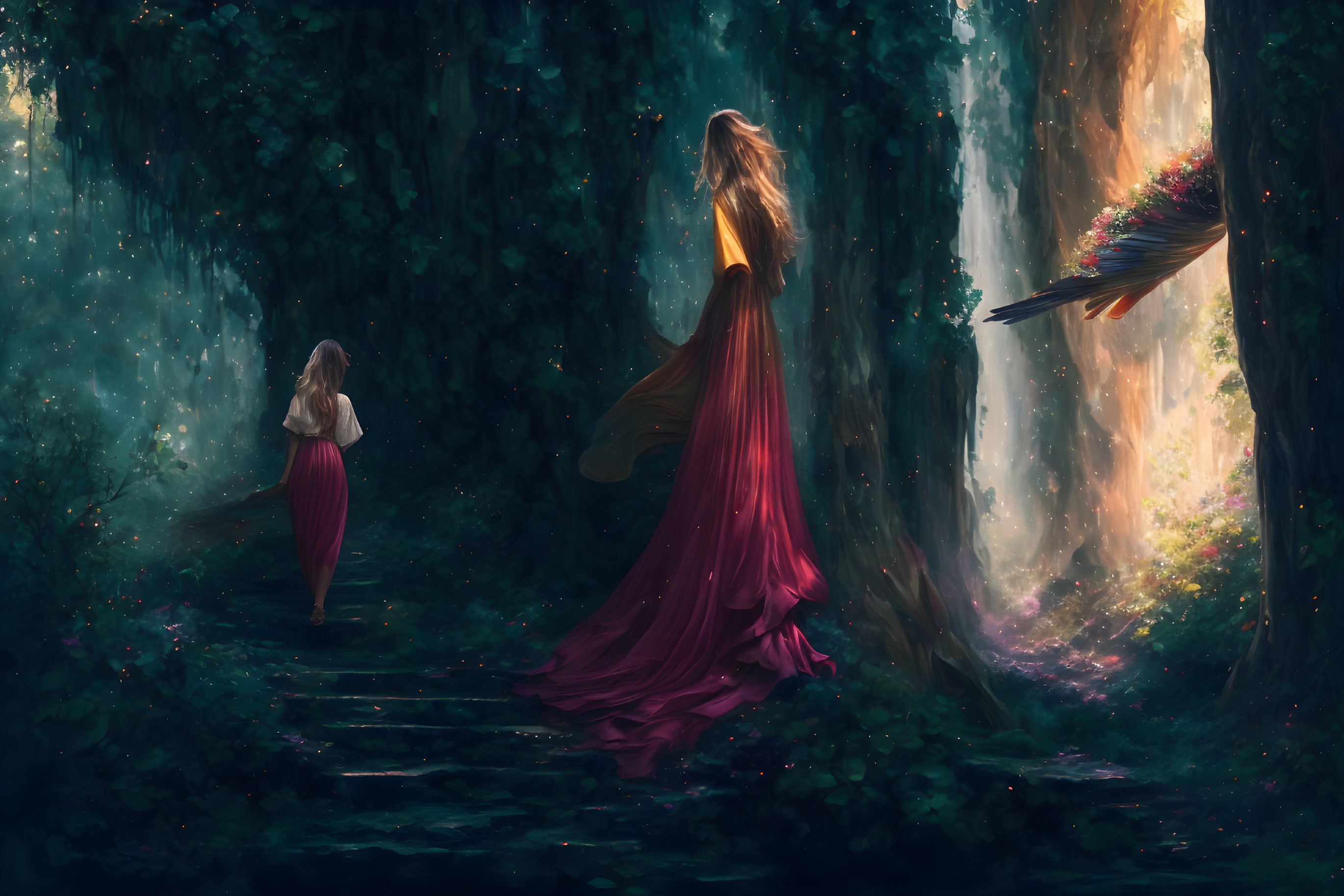 Two women in flowing dresses in enchanted forest with ethereal light, one ascending stairs and the other near