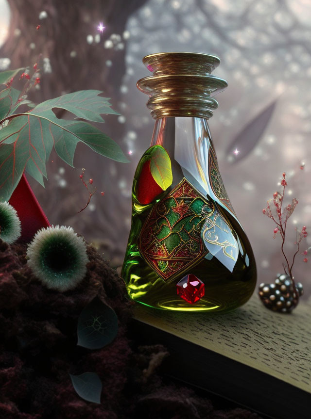 Green liquid potion bottle with gold and gemstone accents on open book with festive flora.