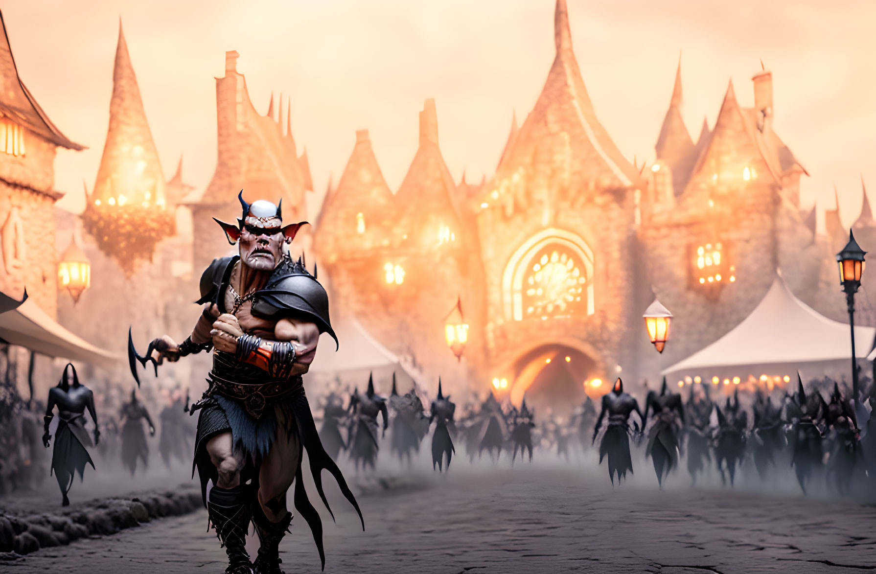 Fantasy warriors lead army through Gothic medieval town under orange sky