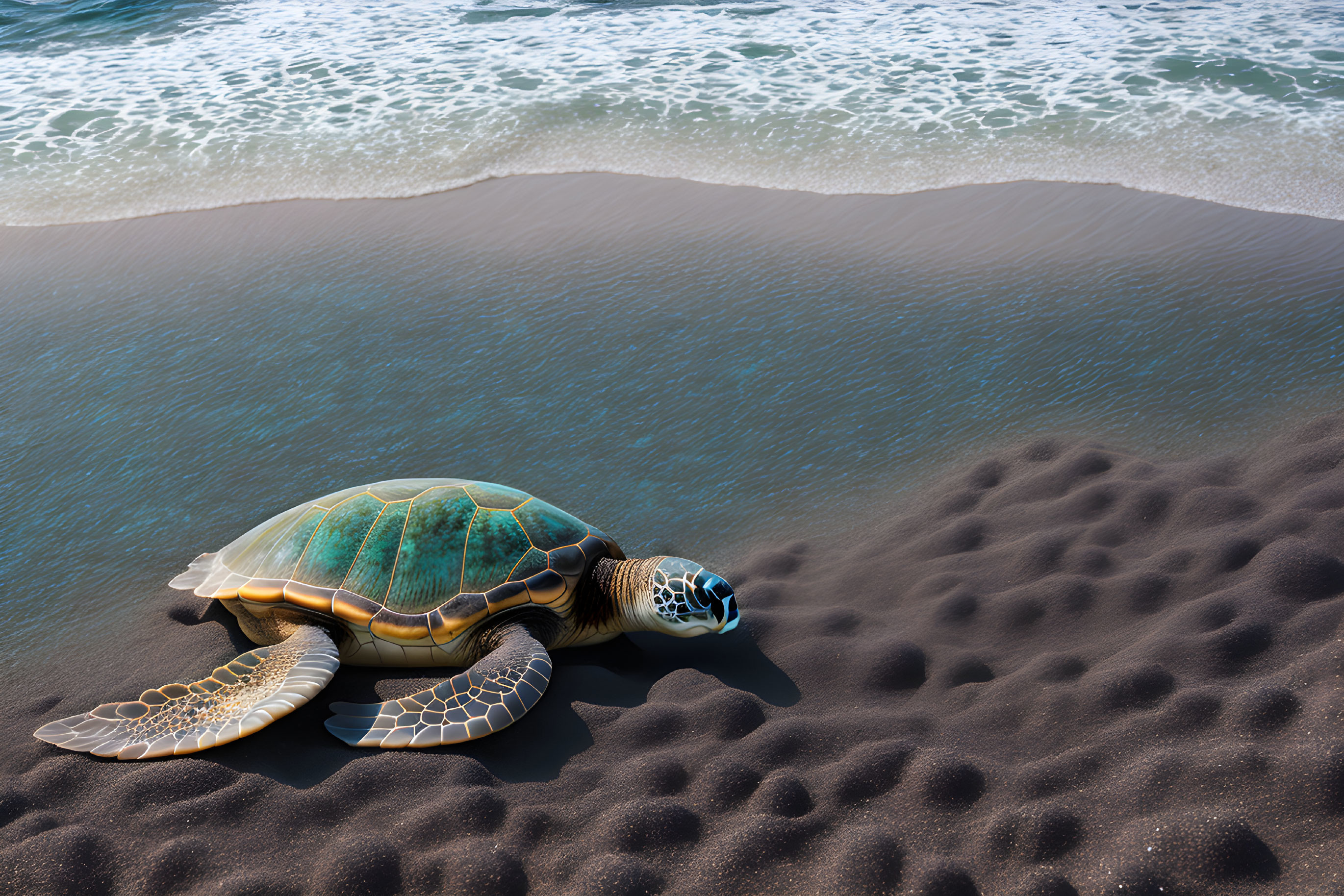 Sea Turtle Resting on Sandy Beach with Approaching Waves