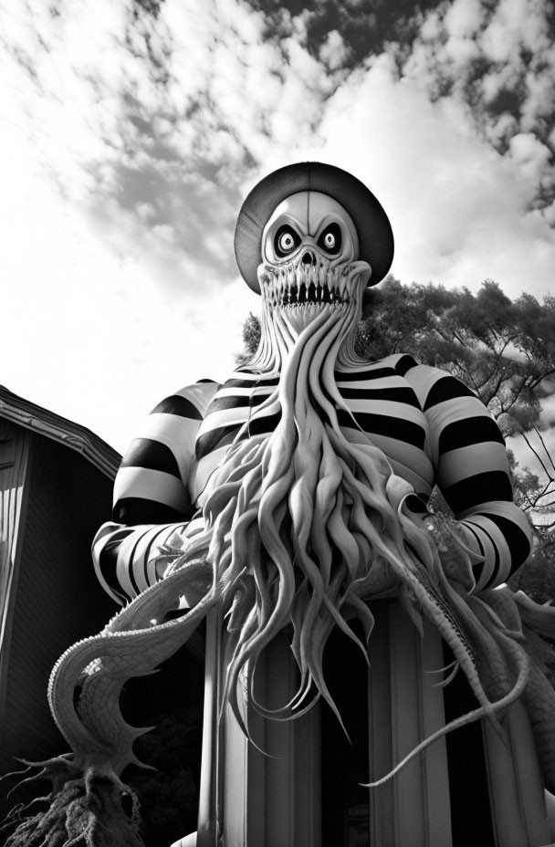 Monochrome image of person in stripe-patterned outfit with octopus tentacle mask