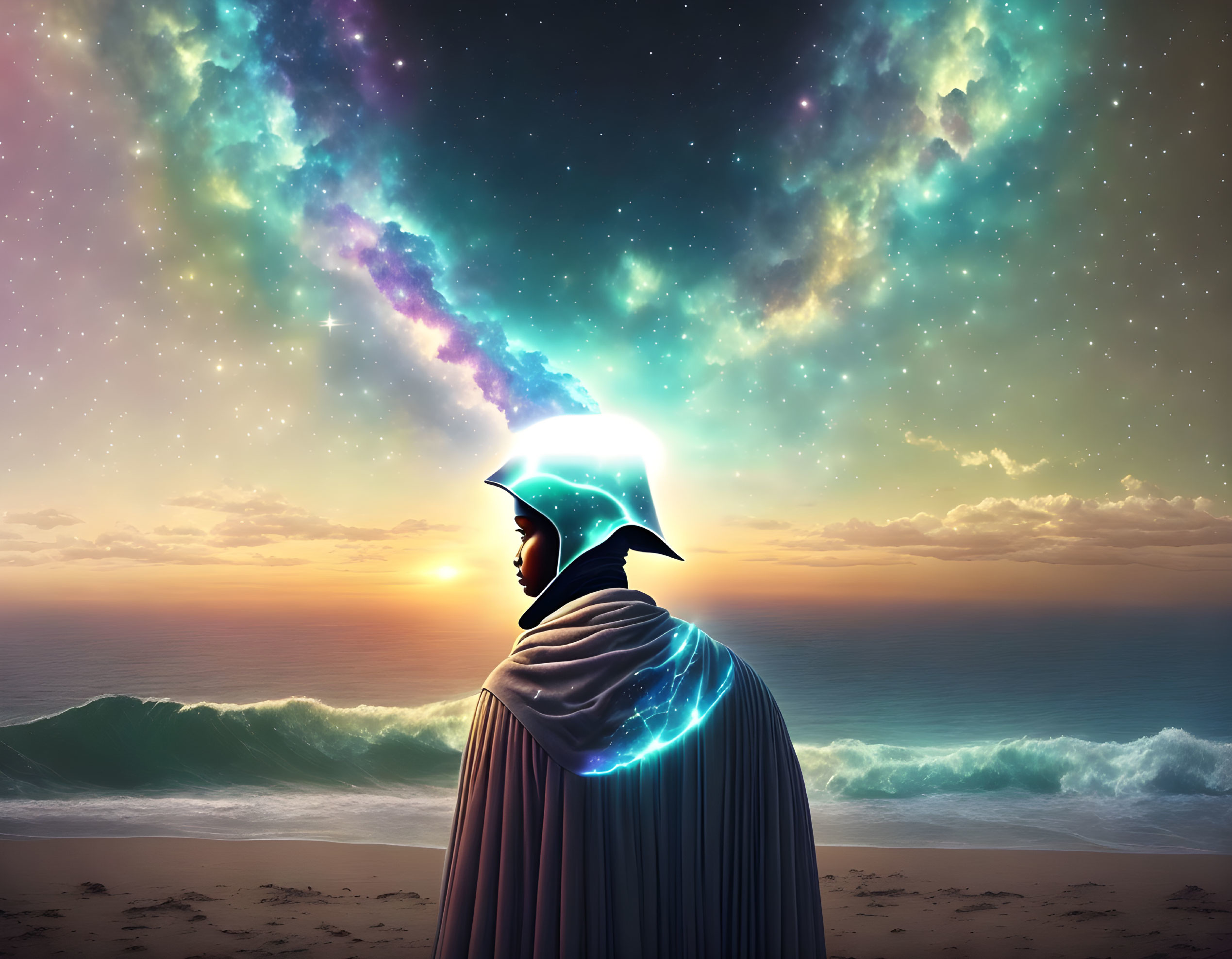 Hooded figure admiring cosmic sky over ocean sunset