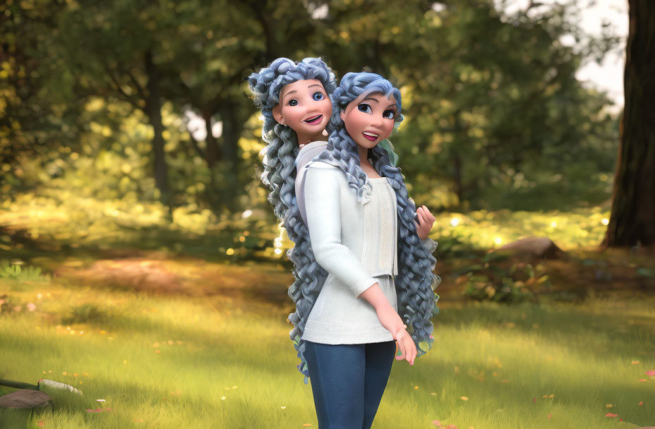 Two Smiling Female Characters with Long Curly Gray Hair in Sunny Forest