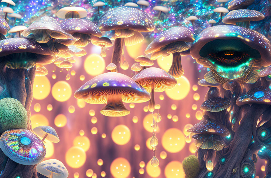 Colorful oversized mushrooms and glowing orbs in a fantastical scene.