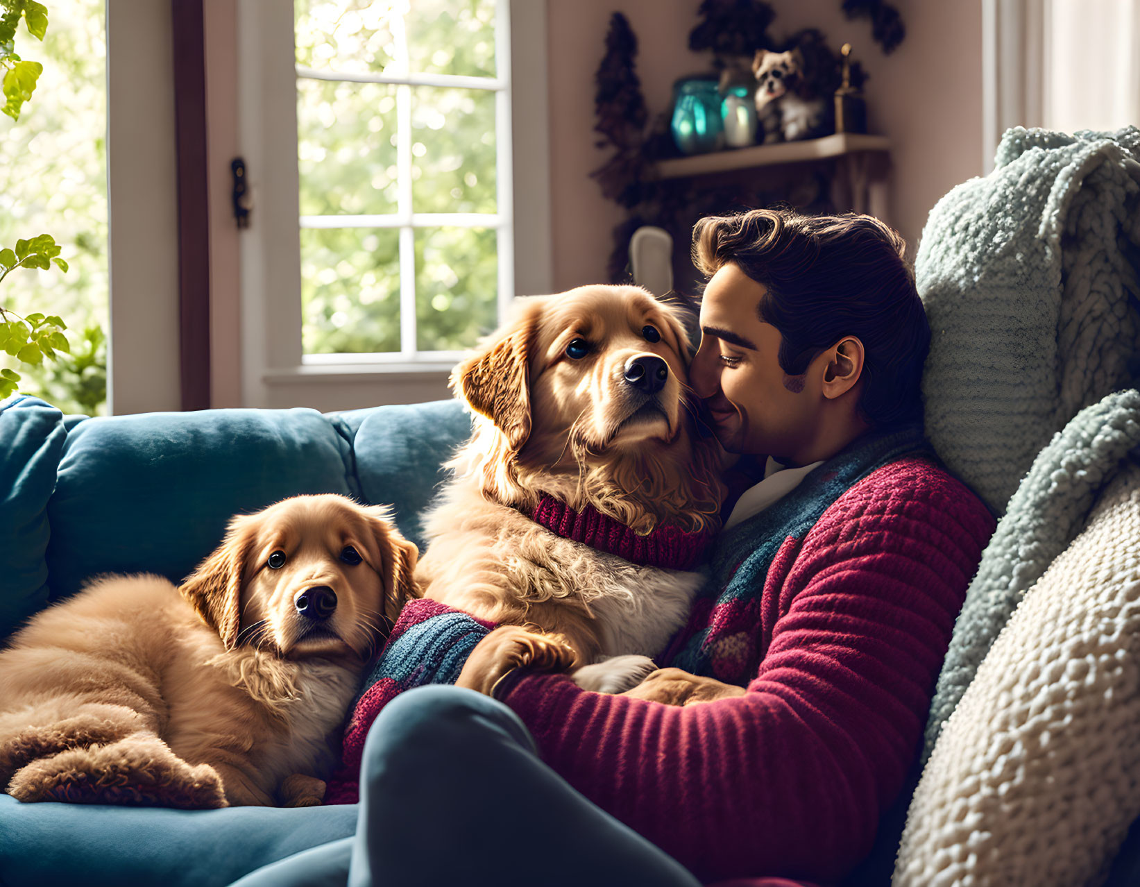 Person snuggles with two golden retrievers on a cozy couch by a window