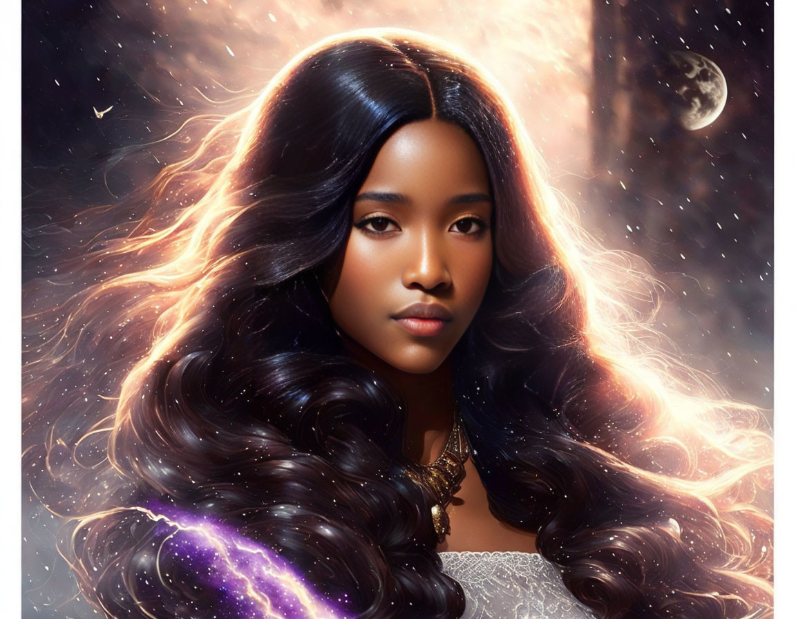 Portrait of woman with flowing hair in cosmic background with stars, galaxy, and crescent moon.