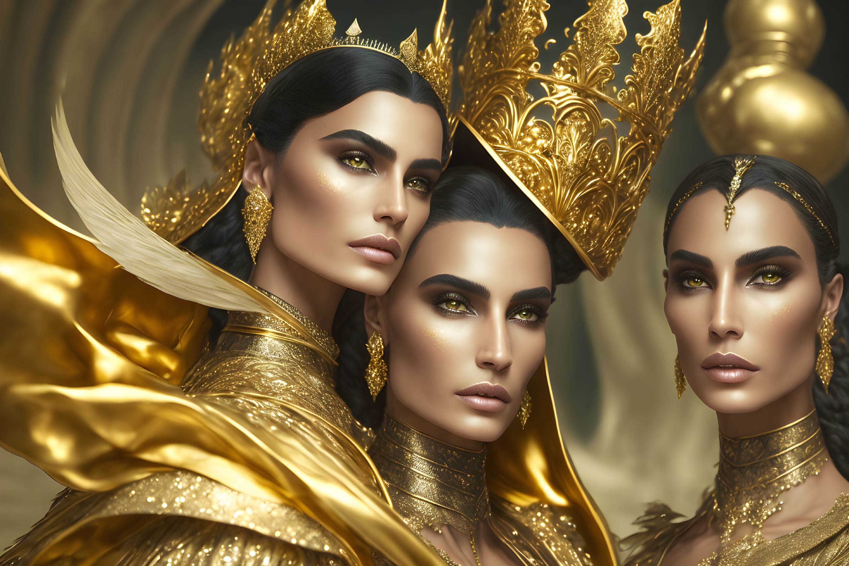 Three women with elaborate golden headdresses and jewelry, intense makeup, striking regal poses