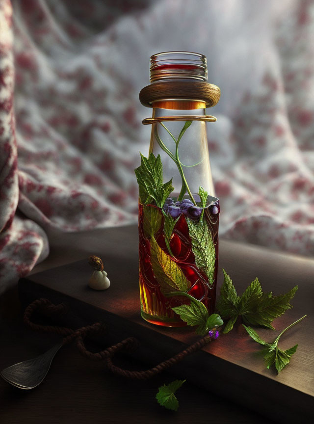 Golden liquid bottle with herbs and flowers on wooden surface with spoon and string