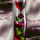 Red wine glass with mint leaves, pink roses, and drapery in background