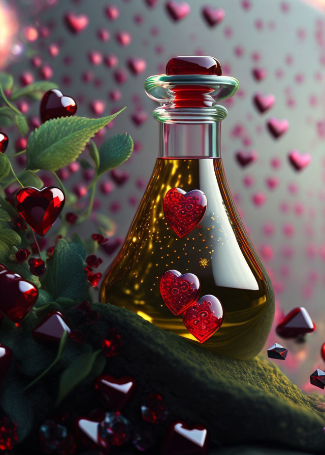 Heart-shaped stopper potion bottle with leaves and red hearts - romantic and magical theme