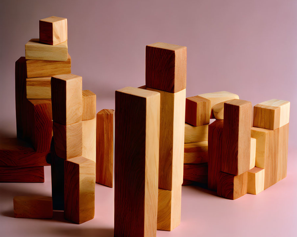 Wooden blocks of various sizes and shapes stacked on warm-toned backdrop