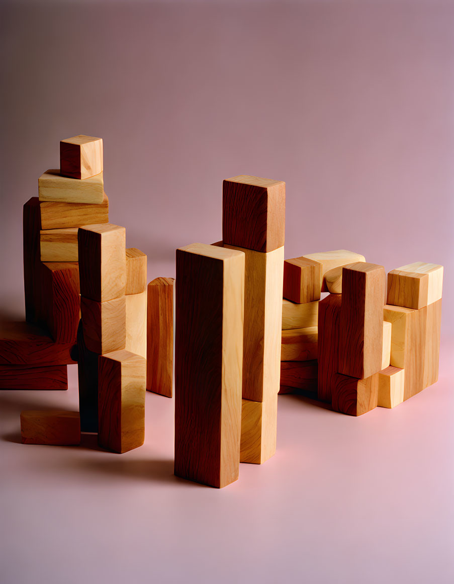 Wooden blocks of various sizes and shapes stacked on warm-toned backdrop