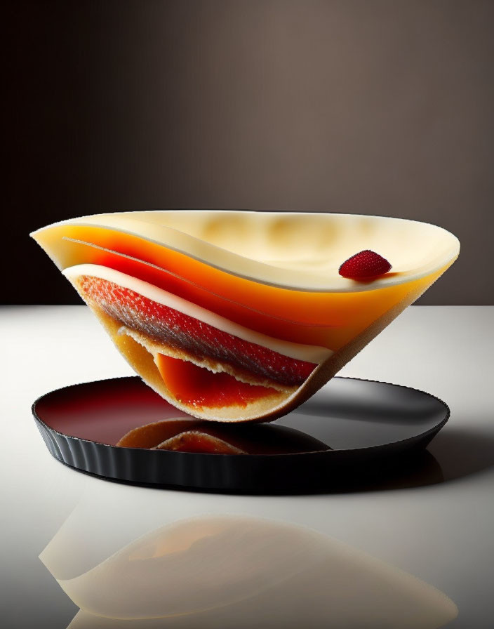 Cream and orange gradient layered dessert on dark circular plate with reflection