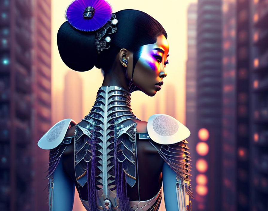 Futuristic female robot with metal spine and neon face paint in cityscape at dusk