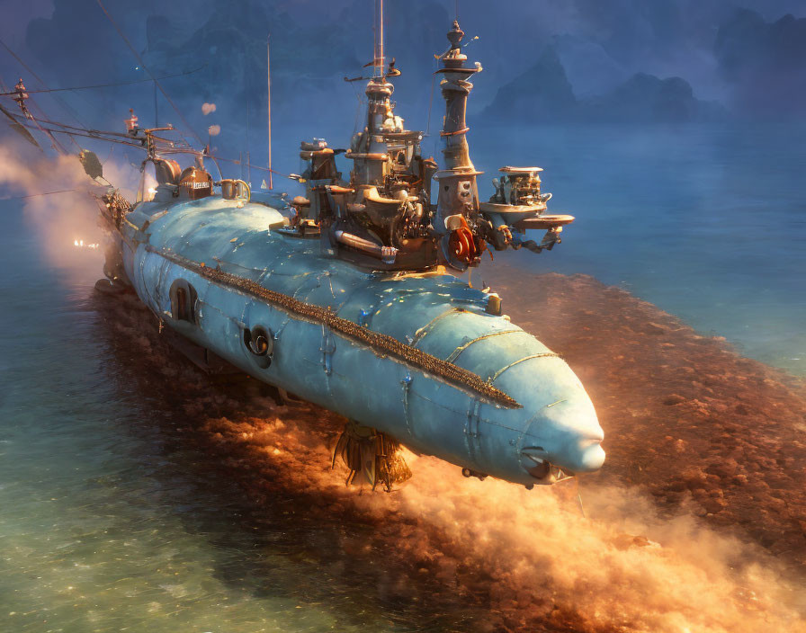 Elaborate steampunk submarine in misty waters