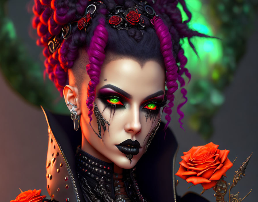 Portrait of woman with green eyes, purple and black hair, gothic makeup, roses, and ed