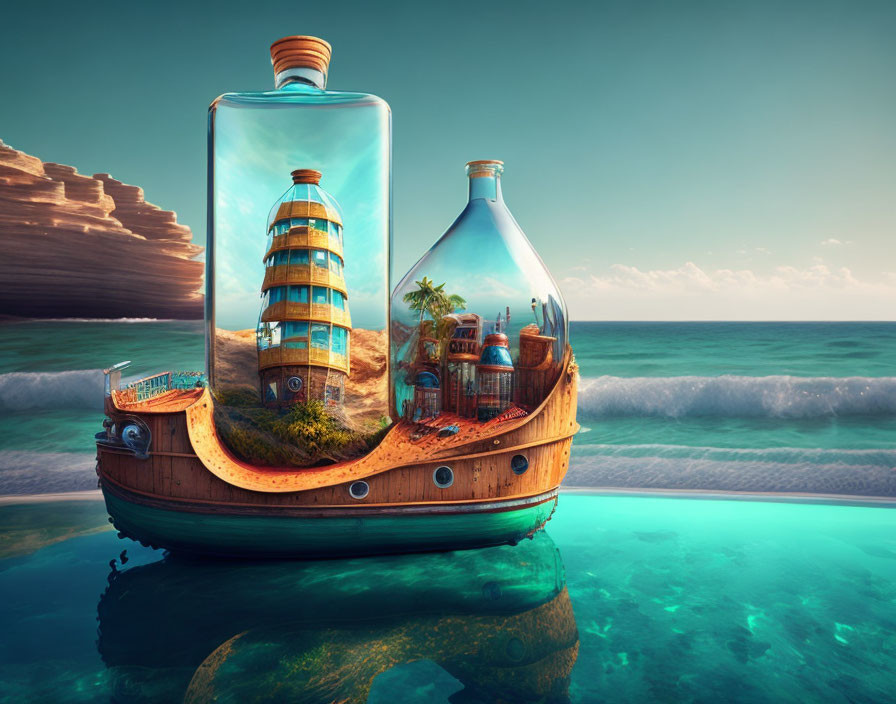 Composite Image of Ship with Glass Top Lighthouse and Tropical Scene