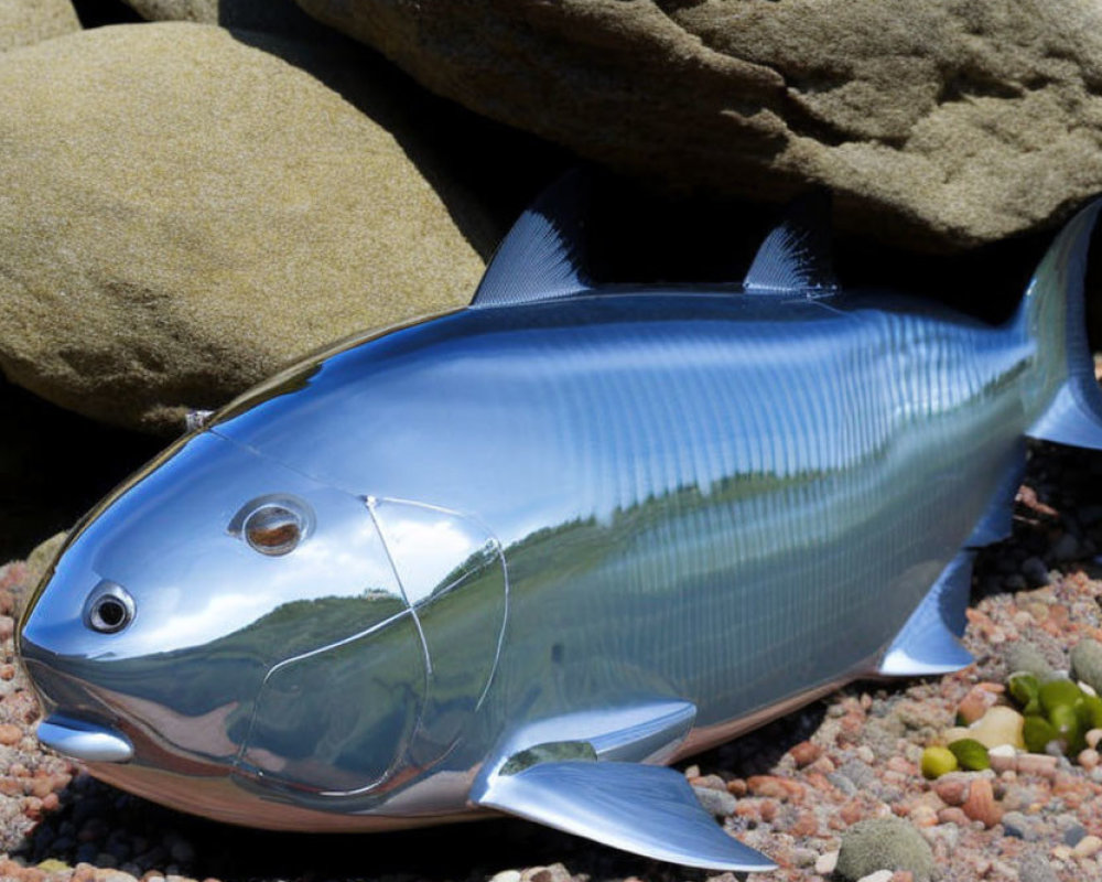 Realistic Fish Sculpture with Metallic Finish on Pebble Surface