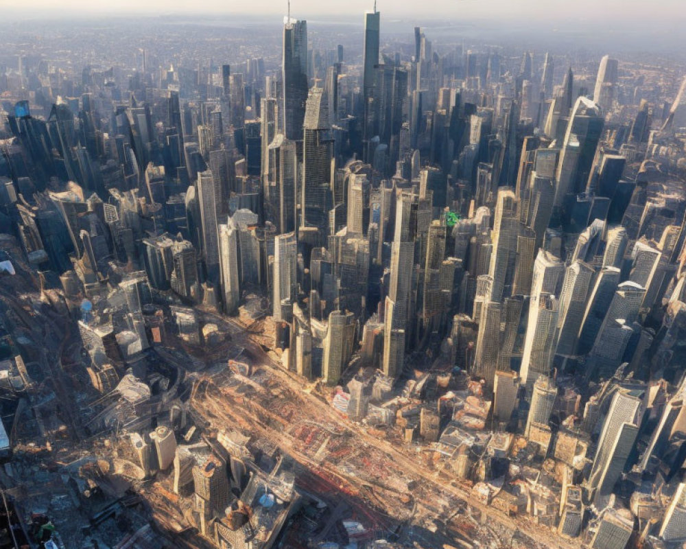 Urban Cityscape with Skyscrapers and Airplane in Aerial View