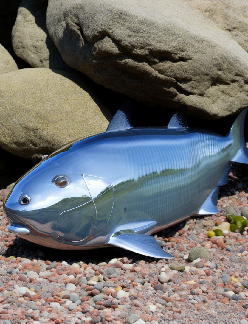 Realistic Fish Sculpture with Metallic Finish on Pebble Surface