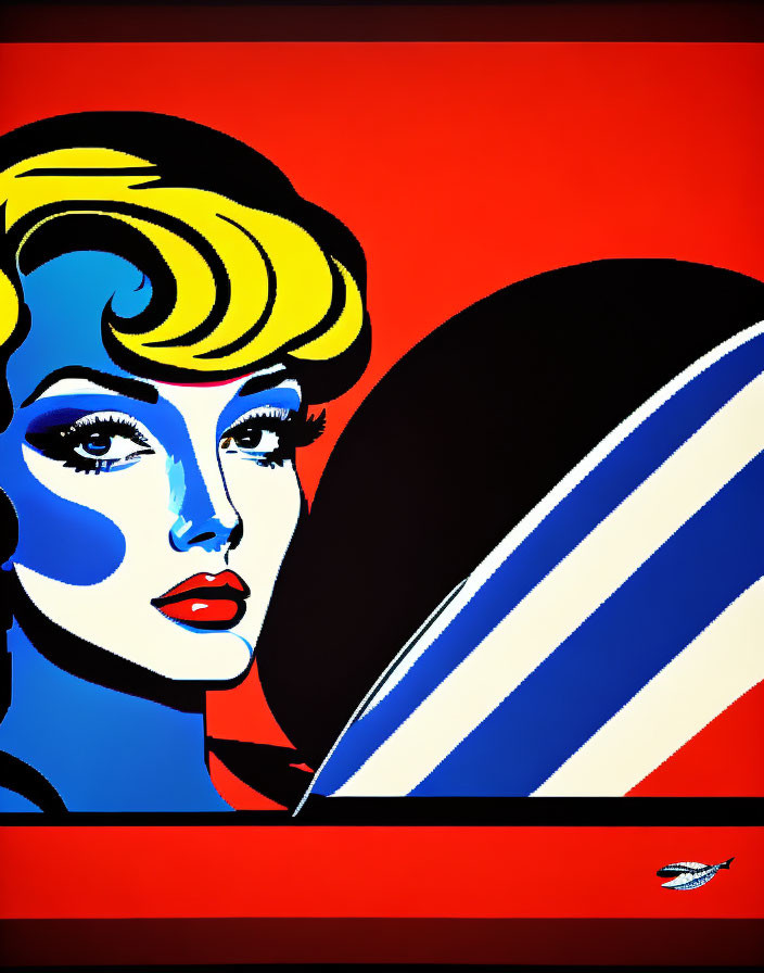 Pop Art Style Illustration of Woman with Bold Blue Shadows on Red Background