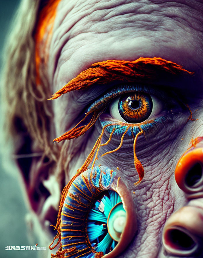 Close-up Photo: Vibrant Blue and Orange Makeup on Detailed Face Textures