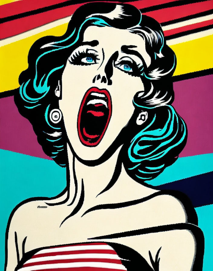 Colorful Pop Art Style Illustration: Woman with Blue Hair in Shock Expression on Striped Background