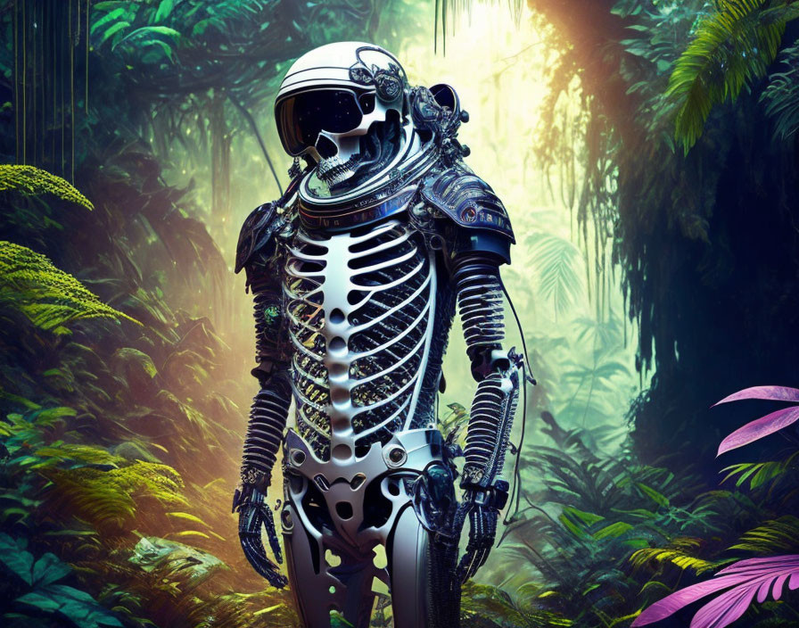 Futuristic robotic astronaut in lush green jungle