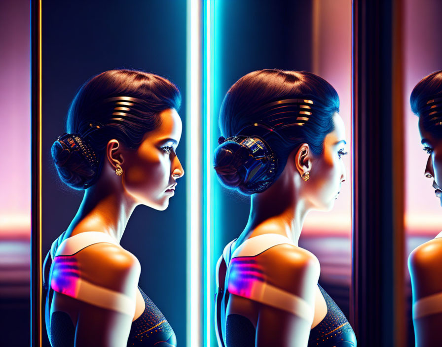 Identical futuristic women with elaborate hairstyles facing opposite directions in glowing neon ambiance