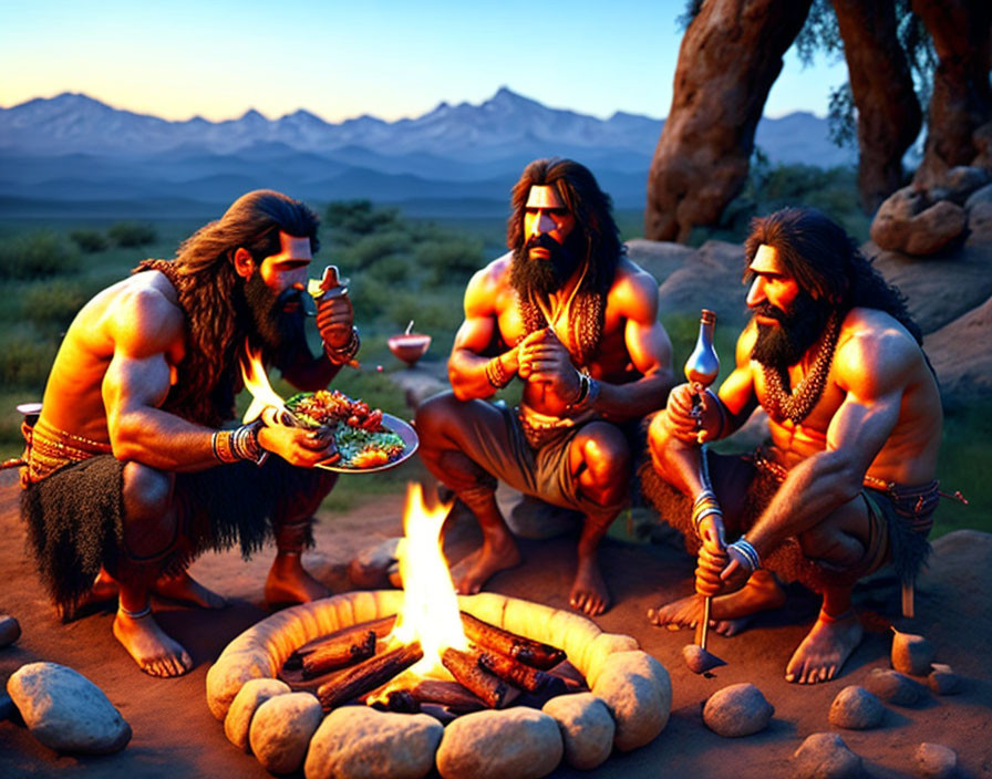 Animated cavemen sharing food and drinks around a fire in prehistoric setting