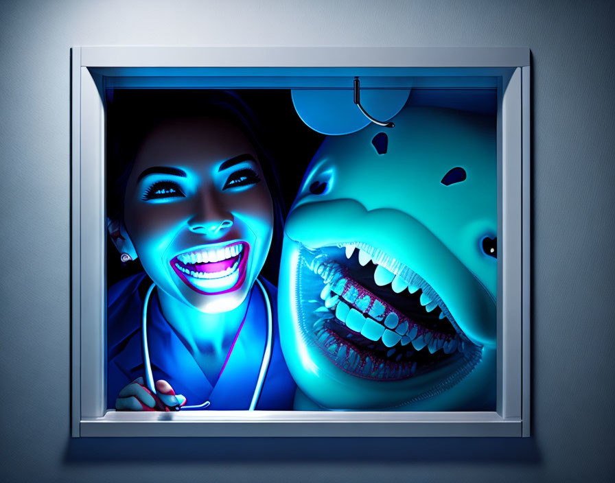 Stylized image of woman and cartoonish shark smiling with glowing blue light in window frame