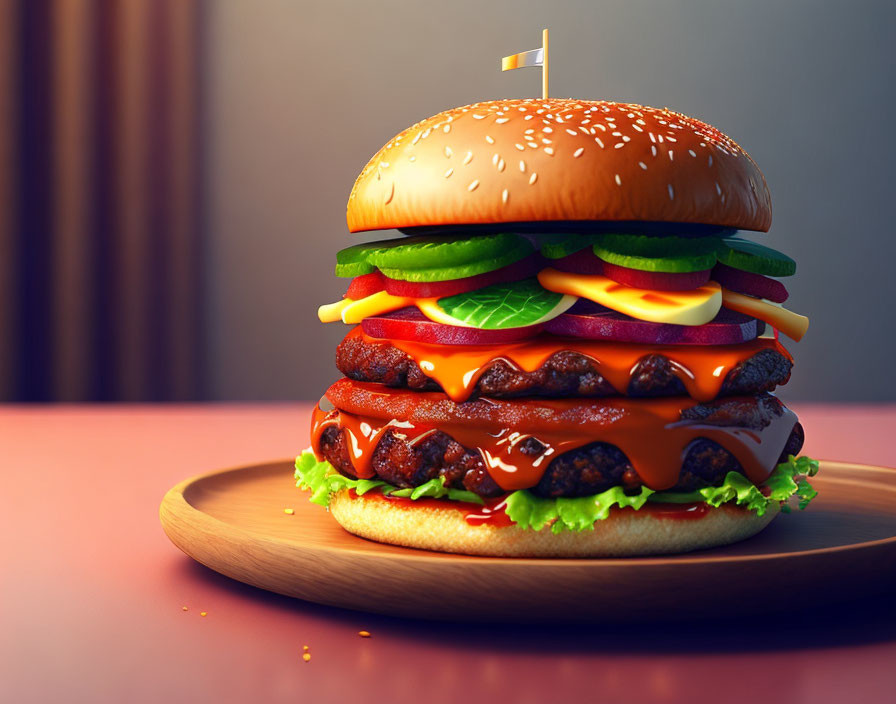 Double Cheeseburger with Lettuce, Tomato, Onions, and Condiments on Wooden Plate