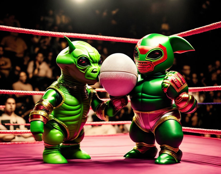 Two masked wrestler figurines in a ring, one green and one red with golden accents, with a