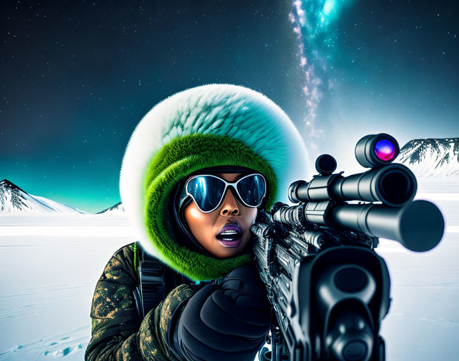 Person in winter gear with fur-lined hood aiming rifle under starry sky in snowy landscape