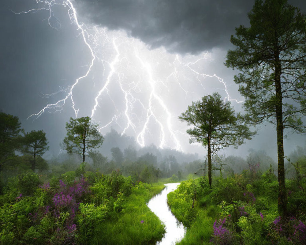 Vivid lightning strike in stormy sky over lush forest with stream & purple flowers