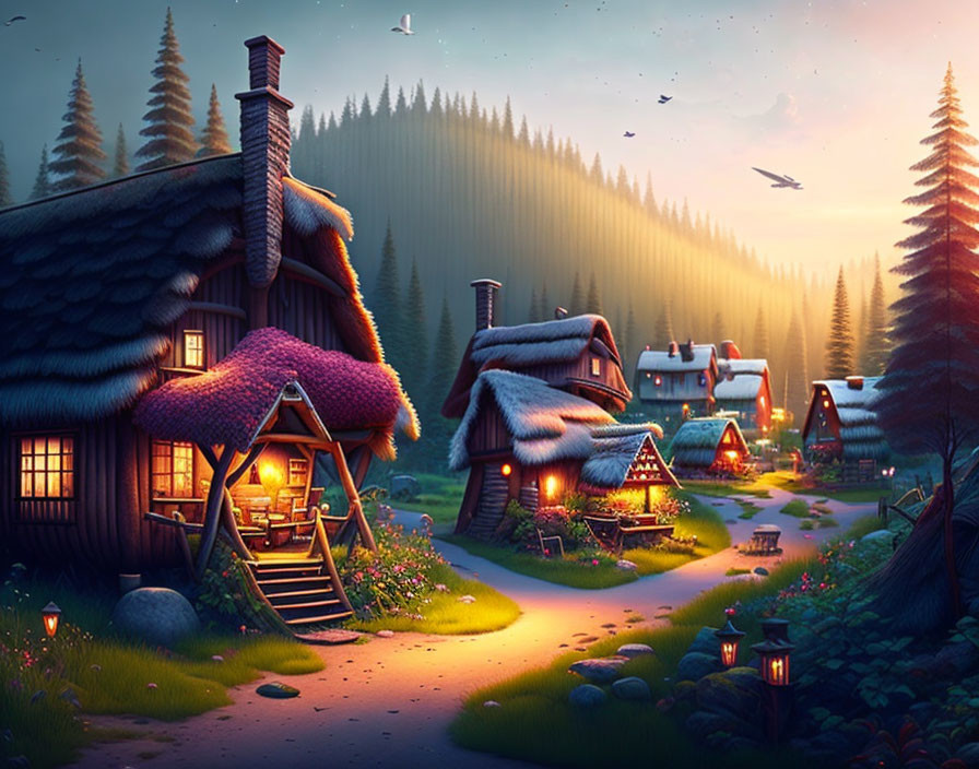 Twilight Village: Thatched-Roof Cottages & Lantern-Lit Pathways