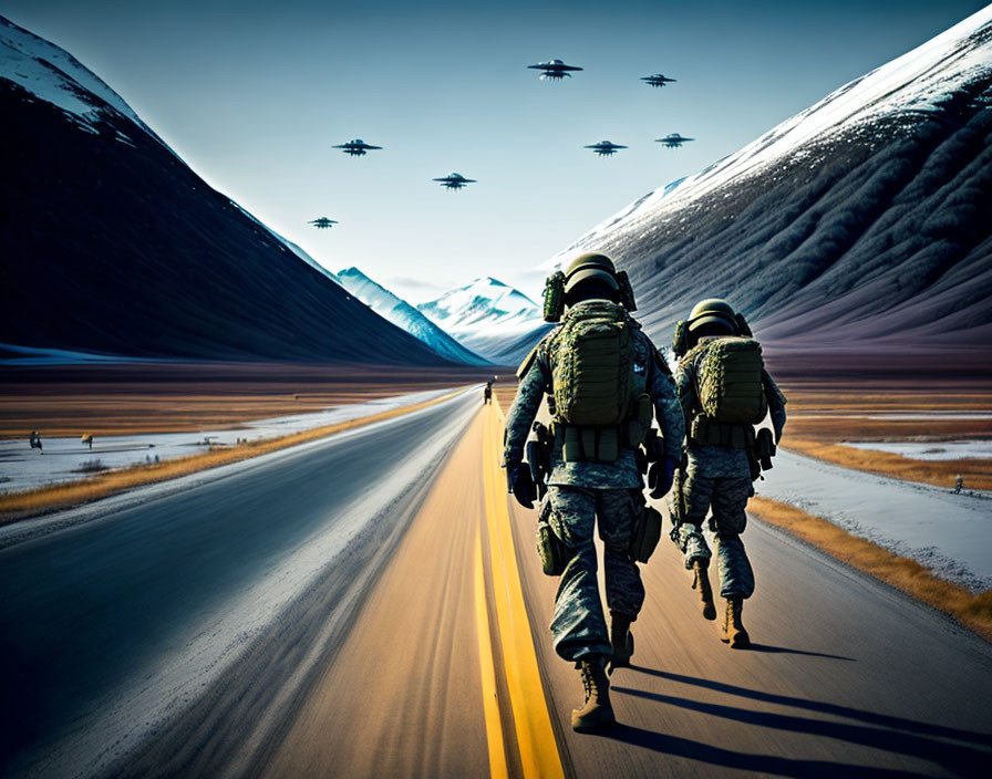 Military soldiers walking on snowy road with aircraft formation above