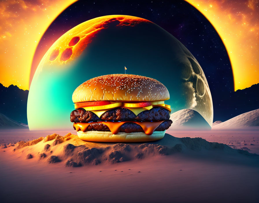 Double patty cheeseburger on alien landscape with giant planets.