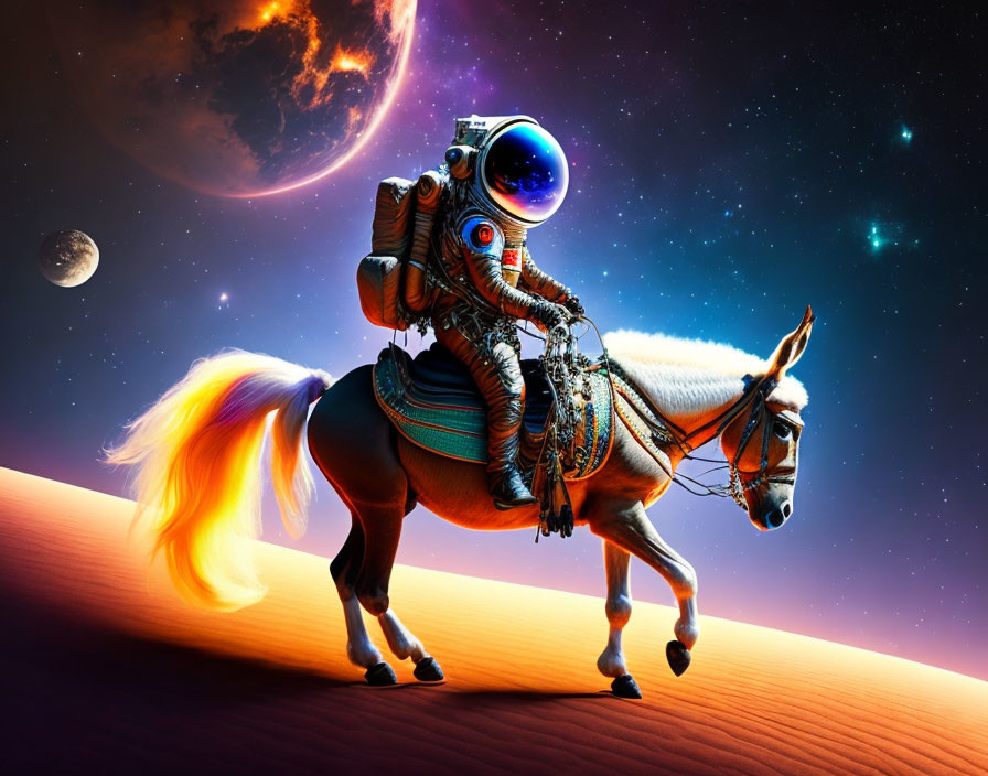 Fiery-Maned Horse Gallops with Astronaut in Futuristic Gear