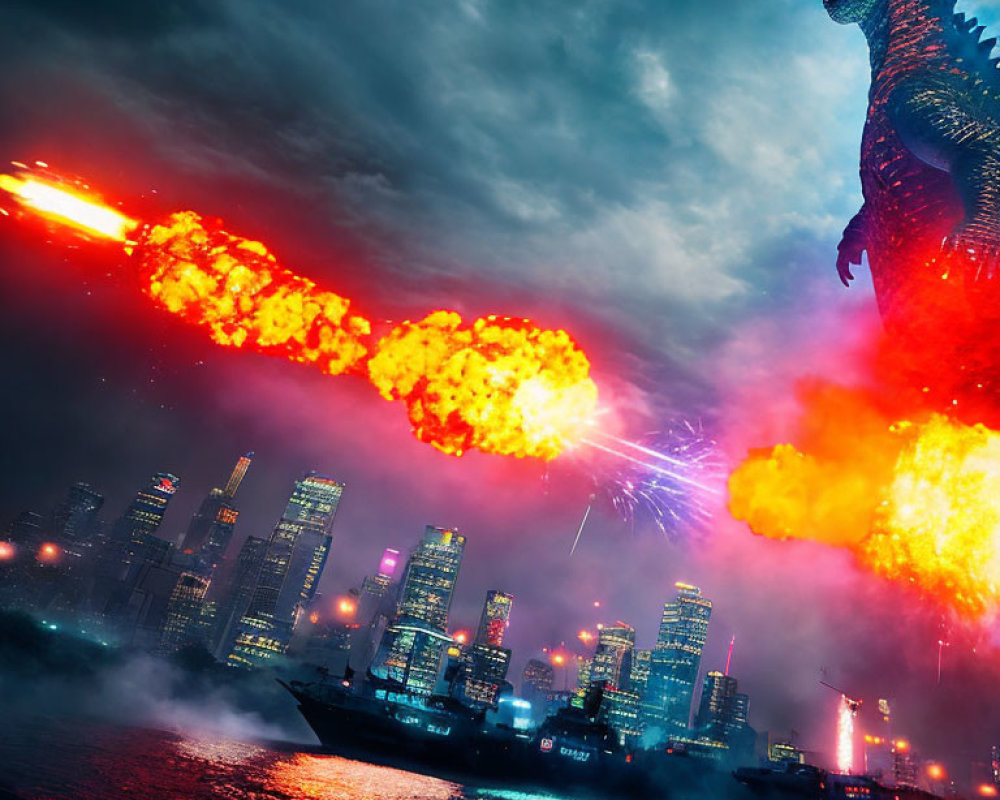 Gigantic monster breathing fire in cityscape at night with stormy sky