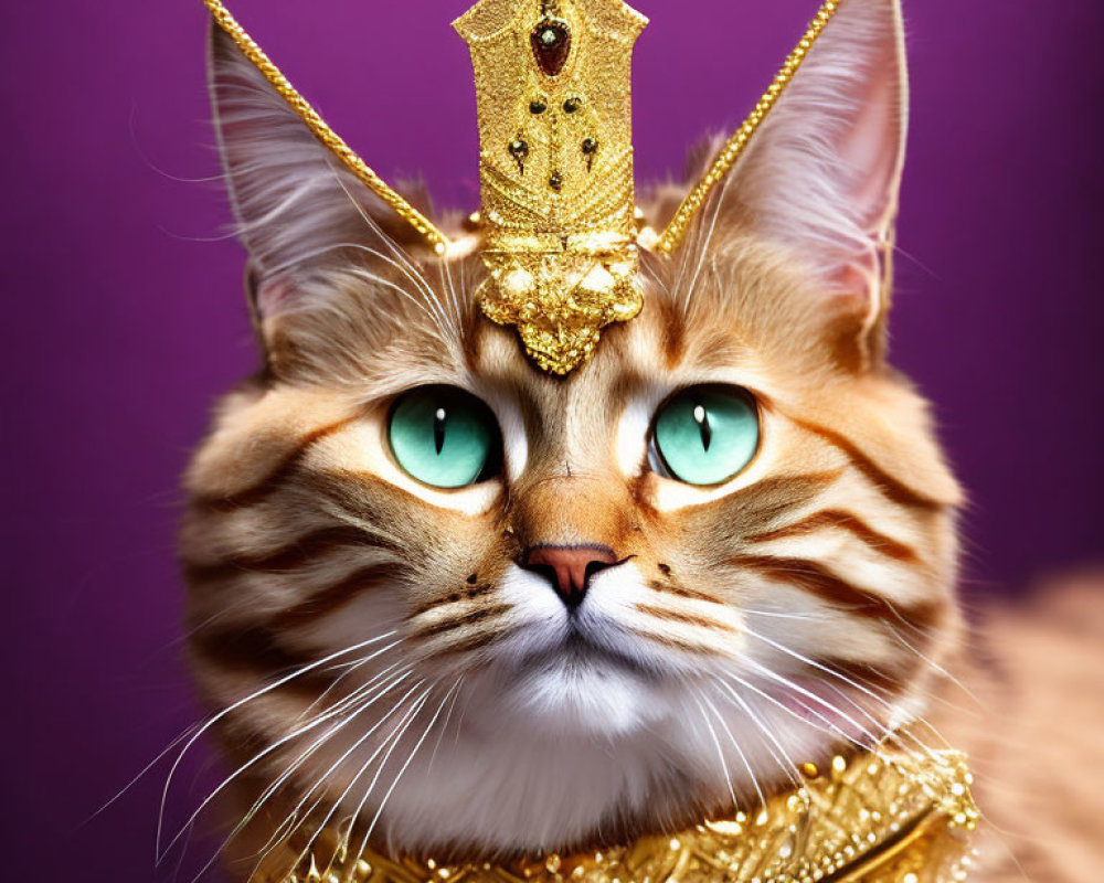 Tabby Cat Wearing Golden Crown and Jewelry on Purple Background